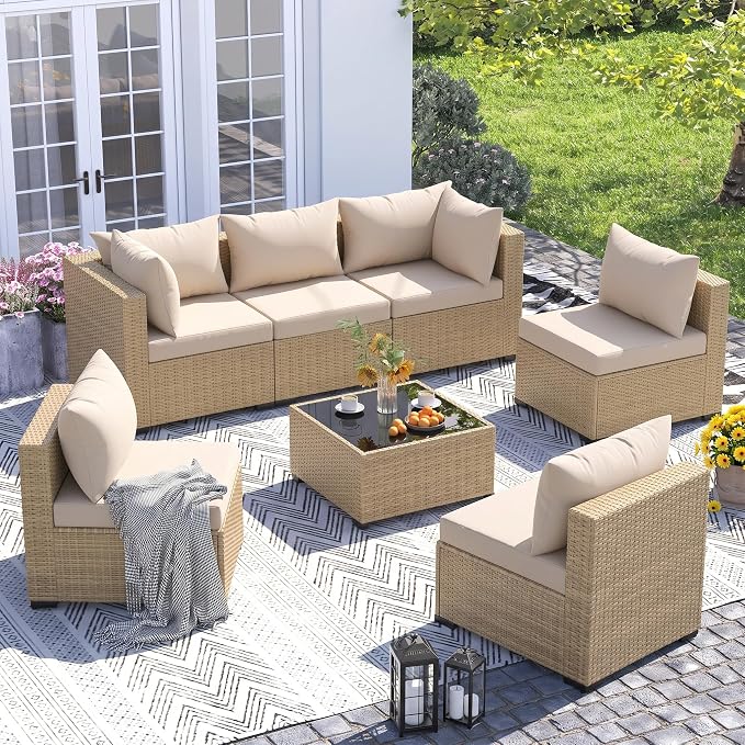 UDPATIO Furniture Set, 7 Piece Sectional Sofas with Wicker Coffee Table, Conversation for Garden, Backyard, Yellow/Beige