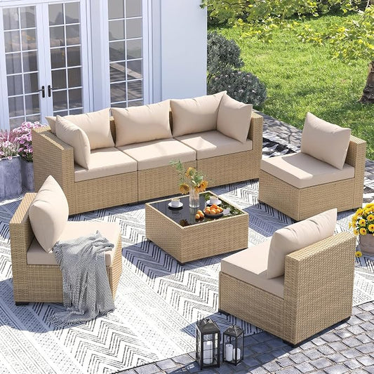 UDPATIO Furniture Set, 7 Piece Sectional Sofas with Wicker Coffee Table, Conversation for Garden, Backyard, Yellow/Beige