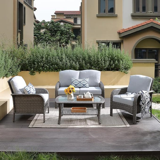 CAODOC 4-Piece Wicker Patio Furniture Set, All-Weather Rattan Conversation Bistro Loveseat Chair and Table Set for Backyard, Balcony and Deck with Soft Cushions and Metal Table(Gray)
