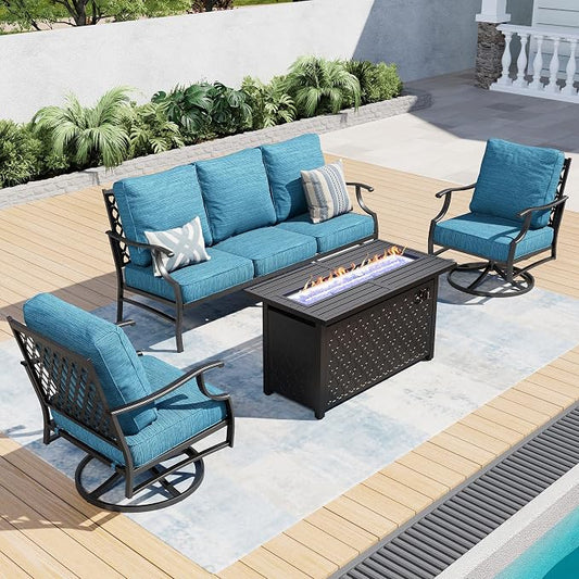 SUNSHINE VALLEY 4 Piece Metal Outdoor Patio Furniture Sets with 5000 BTU Firepit Table, Patio Conversation Sets 3-seater Sofa, 2 Swivel Chair with 5.75" Thick Cushion, Black Backyard Furniture, Blue-2