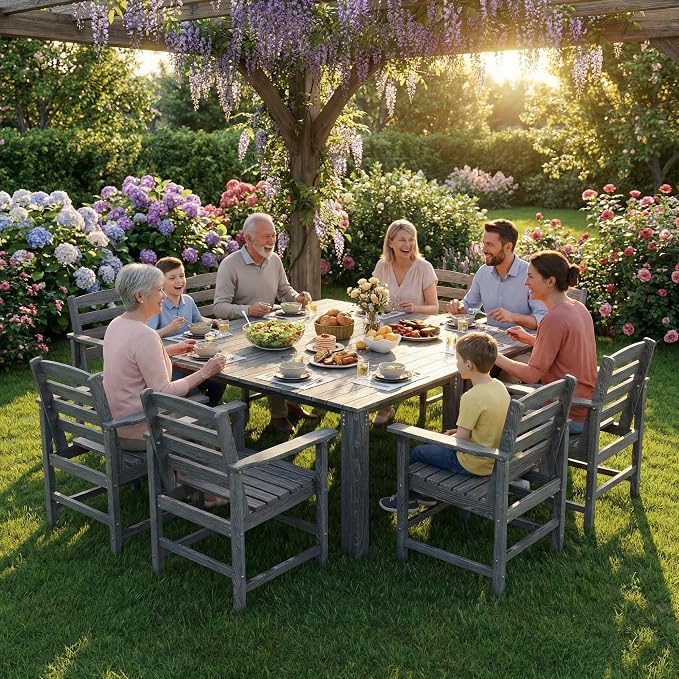 Dining Table Set, 10-Piece HDPE Outdoor Dining Set for 8, Gray | 2 Tables & 8 Chairs, 1.7" Umbrella Hole, 300 lb/Chair, Waterproof Wood-Grain Surface, 6-Box Delivery