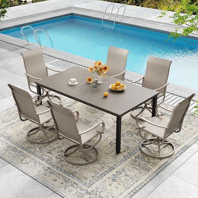DIFY 7 Pieces Outdoor Patio Dining Set for 6, Swivel Dining Chairs with Sandshell Textilene and 63" Grey Wood-Like Rectangle Metal Dining Table, Outdoor Table and Chairs for Lawn Garden Backyard Deck