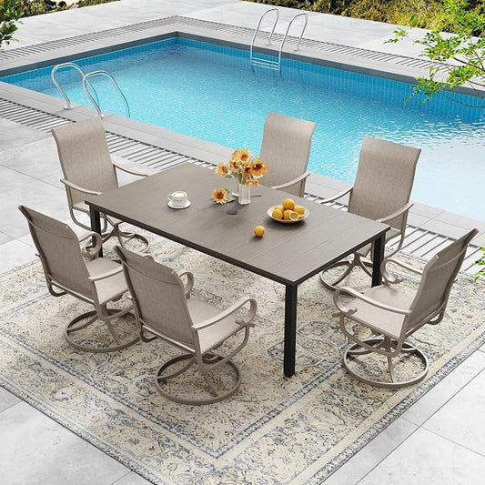 DIFY 7 Pieces Outdoor Patio Dining Set for 6, Swivel Dining Chairs with Sandshell Textilene and 63" Grey Wood-Like Rectangle Metal Dining Table, Outdoor Table and Chairs for Lawn Garden Backyard Deck