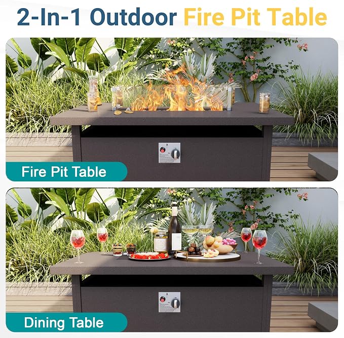 4-Piece Outdoor Furniture Set, Patio Conversation Set Include 3-Seater Sofa Couch Single Chairs with Fire Pit Table for Deck, Porch, Garden, Backyard, Poolside (Blue Cushions)