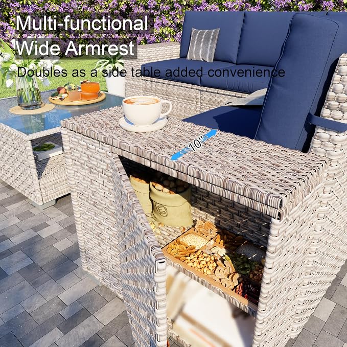 13-Piece Patio Furniture Set, Outdoor Patio Conversation Set with 60,000 BTU Fire Pit Table, PE Rattan Wicker Sectional Sofa with Large Capacity Seats, Widened Armrests, Extra High Backrest, Navy Blue
