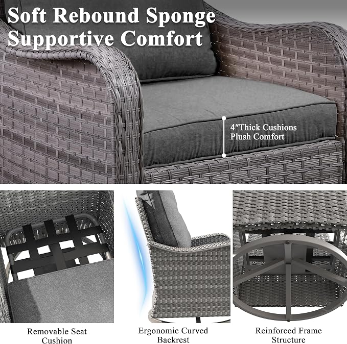 3 Piece Patio Furniture Set with Swivel Rocking Chairs, Outdoor Wicker Conversation Set with 4" Cushions, Glass Side Table, PE Rattan and Rust-Resistant Frame, Black