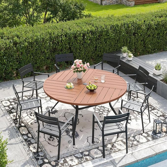 DIFY 9 Piece Outdoor Patio Dining Set for 8, 53.1" Round Dining Table with Umbrella Hole and Stackable Metal Chairs, Patio Table and Chairs Set for Backyard Garden Poolside, Walnut & Black
