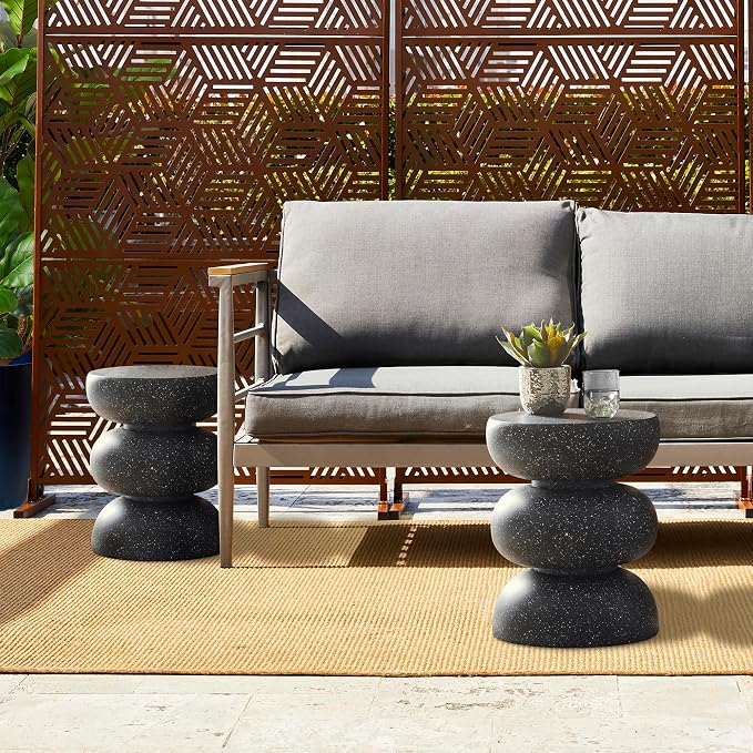 Glitzhome Outdoor Side Table, Round Small End Table with Black Geometric Terrazzo Finish MGO Hourglass Garden Stool, Set of 2 Decorative Accent Table for Living Room Planter Stand Backyard Patio Porch