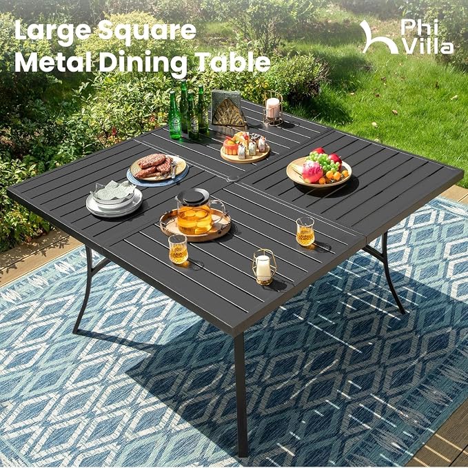 PHI VILLA Outdoor Dining Set for 8, Square Metal Table & Swivel Chairs | 9 pcs 57.5" black wrought iron furniture w/ umbrella hole. All weather for patio, deck, yard, porch