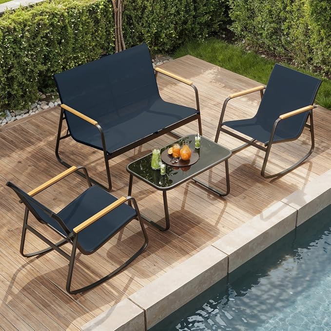 Ahomly 4-Piece Patio Furniture Set, Textilene Outdoor Conversation Set with 2 Rocking Chairs and Tempered Glass Coffee Table, for Lawn, Garden, Balcony, Poolside (Blue)