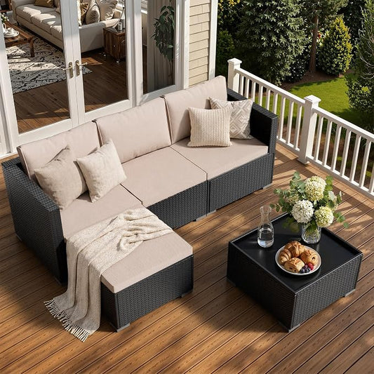 Skyfish Patio Furniture Set - Wide Armrests - All-Weather 5 Piece Outdoor Wicker Sectional Couch with Chaise Lounge,Couch Conversation Set, PE Rattan Sofa for Backyard Porch Poolside Black/Khaki