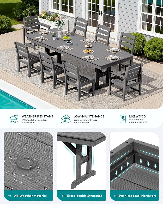 SERWALL 9 Piece Outdoor Dining Set, 84" HDPE Outdoor Table with 6 Armless Chairs and 2 Armchairs ，All Weather Patio Dining Furniture Set with Umbrella Hole for Backyard, Garden, Gray