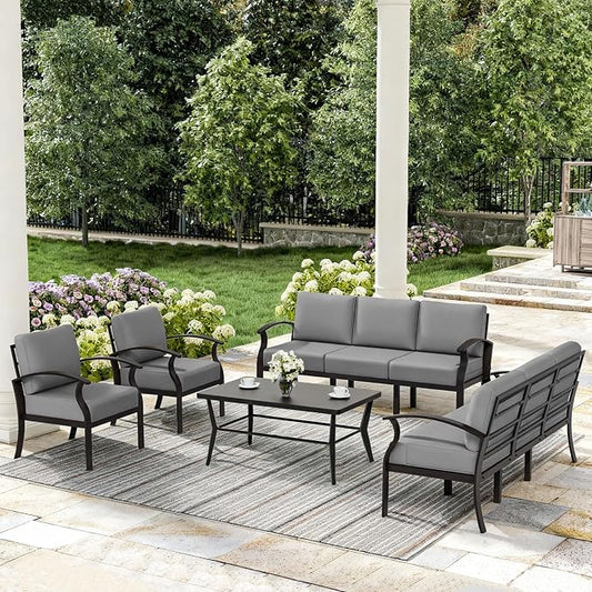 ALAULM Aluminum Patio Furniture Set with Coffee Table Rectangular, 8-seat Outdoor Sectional Furniture w/5.1" Cushions, Patio Conversation Set for Porch, Backyard, Poolside-Grey