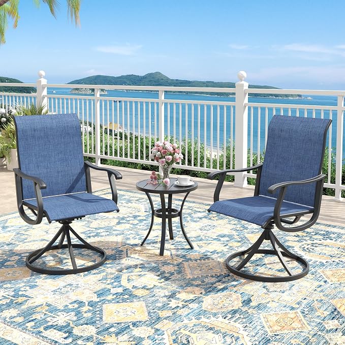 Outdoor Dining Set for 2, 18.5" Metal Round Patio Side Table and Sling Patio Swivel Chairs, 3 Pieces Patio Table and Chairs Set for Garden Backyard, Dark Blue and Black