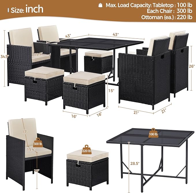 Topeakmart 8 Seater Rattan Garden Furniture Sets Dining Glass Table and Chairs with Cushions, Outdoor Wicker Patio Sectional Conversation Set, Black