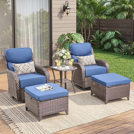Luxury 5 Pieces Patio Furniture Set-Outdoor Swivel Rocker Patio Chairs with 6" Thick Cushions, Swivel Rocker Chairs with Ottomans & Side Table, Outdoor Conversation Sets for Porch Deck(Brown/Blue)