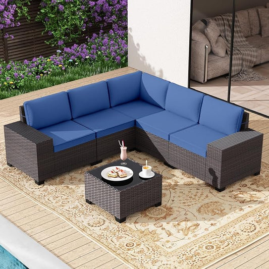 Gotland 6 Pieces Patio Furniture Set with 1 Coffee Table, 5 Seater Rattan Outdoor Sectional with Wide Armrests 29.5'' High Backrest Thick Waterproof Cushions, Conversation Sets for Deck Garden Navy