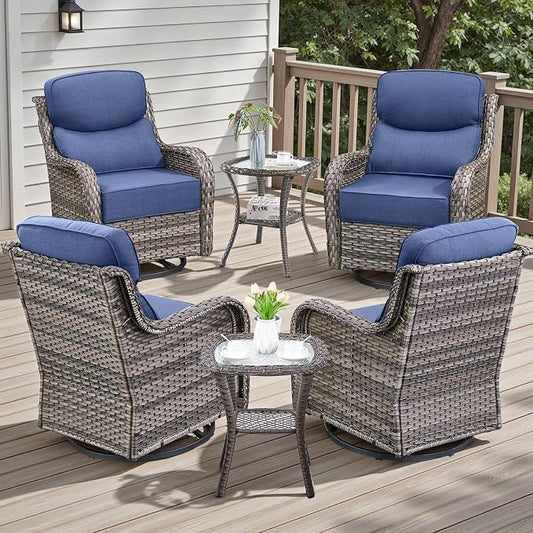 Rilyson Outdoor Patio Furniture Set - Weather Resistant Wicker,High Back,6 inch Cushions,6 Piece Patio Furniture Set with Swivel Rocker Chairs and Side Table for Deck Porch Yard,Mixed Grey/Blue