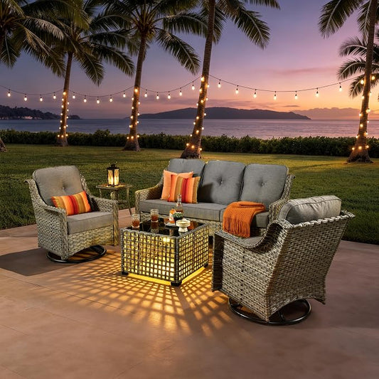 ovios 5 Piece Outdoor Patio Furniture with 3 Seat Sofa,Rattan Wicker Coversation Set with Swivel Rocking Chair,Balcony Sofa Set with Shiny Table for Outside Porch Backyard Pool, Dark Grey