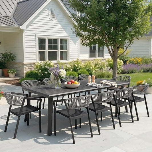 11-Piece Aluminum Patio Dining Set with Stackable Wicker Chairs | 94" Rectangular Outdoor Dining Table and Grey Barrel Chairs Weather Resistant Furniture for Backyard, Deck, Poolside