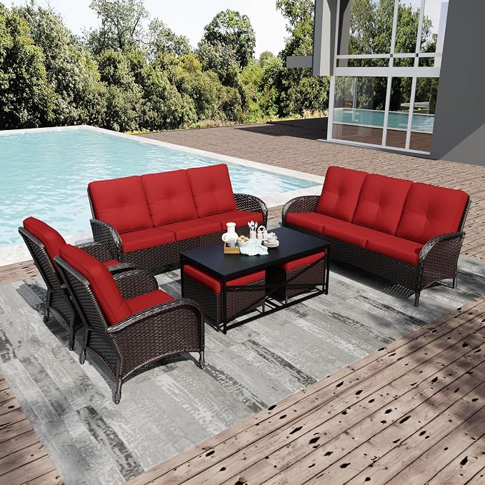 Joyside Wicker Patio Furniture Set, 7 Piece Outdoor Furniture Set with Thickened Cushions, High Back, Deep Seating, Wide Armrest, Rattan Outdoor Chairs for Porch, Deck
