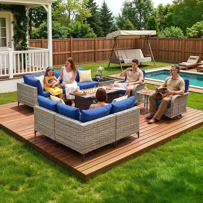 CAODOC 11-Piece Outdoor Sectional Sofa Set w/ 54" Fire Pit – L-Shaped Wicker Patio Furniture, Deep Seating & Swivel Rockers,Blue