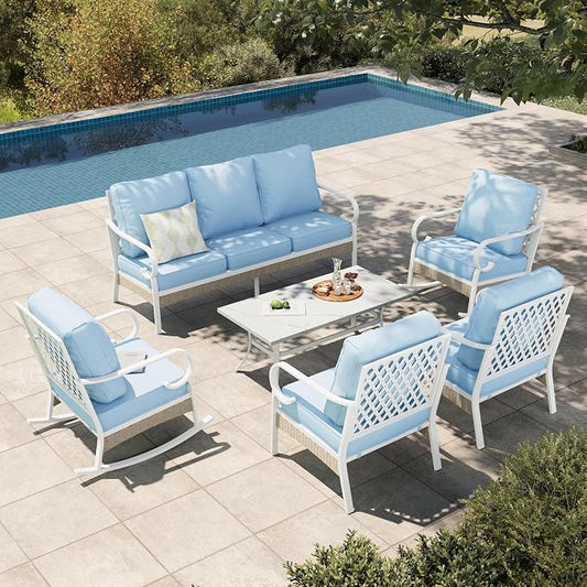 HERA'S HOUSE 6 Piece Metal Patio Furniture Set, All Weather Outdoor Conversation Set with 3-Seat Sofa, 2 Rocking Chairs, 2 Fixed Chairs & Coffee Table, 7 Seats for Backyard, Garden, Deck, White/Blue