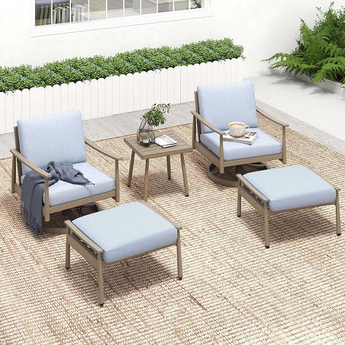 HAPPATIO Aluminum Outdoor Furniture Set - 5 Pieces Patio Furniture Set Includes 1 Side Table, 2 Swivel Chairs and 2 Ottomans with Thick Cushion, Patio Conversation Set for Backyard Poolside (Brown)