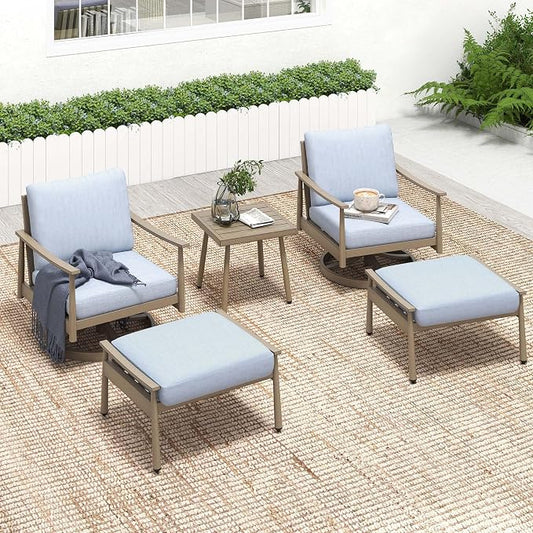 HAPPATIO Aluminum Outdoor Furniture Set - 5 Pieces Patio Furniture Set Includes 1 Side Table, 2 Swivel Chairs and 2 Ottomans with Thick Cushion, Patio Conversation Set for Backyard Poolside (Brown)