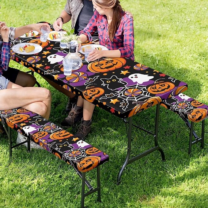 Halloween Picnic Table Bench Tablecloth Covers 3PCS Fitted Picnic Table Cover with Elastic Edges, Waterproof Table and Bench Cloths for Summer Outdoor Camping