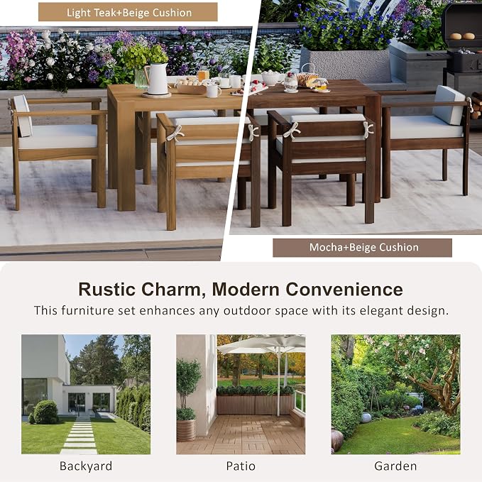 7-Piece Patio Dining Table Set for 6, Outdoor Furniture Sets with 70.8" Rectangle Table, Patio Table and Chairs Set with Removable Cushions for Backyard,Garden,Poolside (Mocha@24)