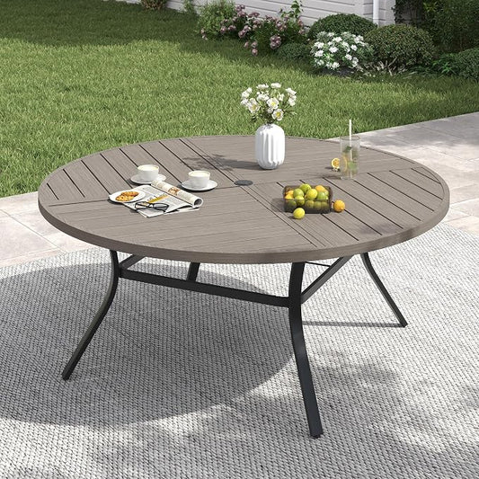 VICLLAX 53" Round Patio Table with Umbrella Hole, All Weather Metal Outdoor Dining Table for 6-8, Outside Table for Lawn Garden, Grey Wood-Grain Finish