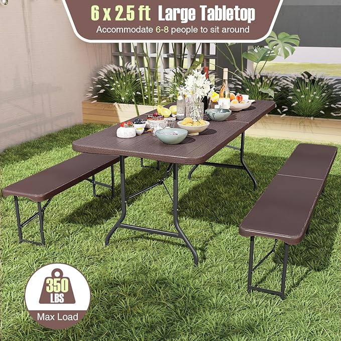 Goplus 6ft Plastic Folding Table, 350 LBS Indoor Outdoor Heavy Duty Portable Folding Tables with HDPE Tabletop, Handle, Lock, Foldable Rectangle Utility Card Table for Picnic, Party, Camping, Dining