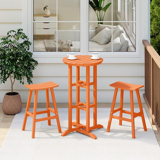 Costaelm Outdoor Bar Table, 42" Counter Height Round Patio Cocktail Bar Table, Patio Bar Table 3-Pieces Set Bistro Dining Table Pub Table for Deck, Backyard, Garden, Orange