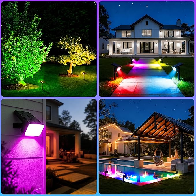 Solar Spot Lights Outdoor RGB Color Changing, 4 Pack, 28 LED | IP67 Waterproof, 7 Modes Auto On/Off, for Yard Garden Pathway Walkway Tree Patio Driveway