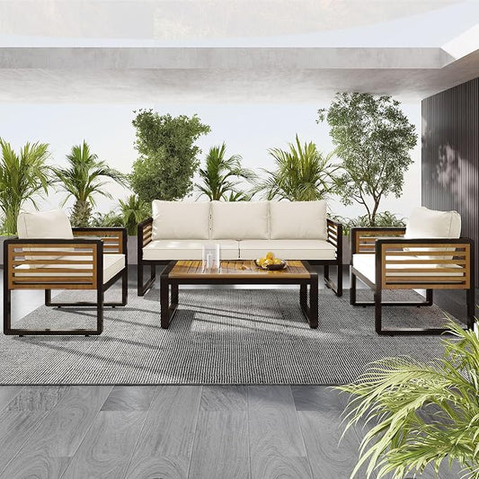 Merax 4-Piece Large Size Outdoor Conversation Sofa Set, Metal and Acacia Wood Frame Sofa with Removable Cushions, Waterproof & UV-Resistant, 5-Person Patio Furniture for Garden Backyard, Beige+Brown