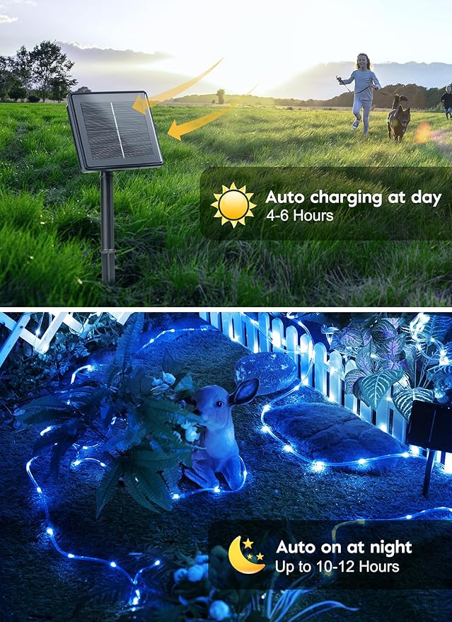 Brightown 2 Pack Total 78FT 200LED Solar Rope Lights, Blue | IP65 Waterproof Solar Fairy Lights with 8 Lighting Modes, Outdoor String Lights for Party Garden Yard Holiday Tree Decoration