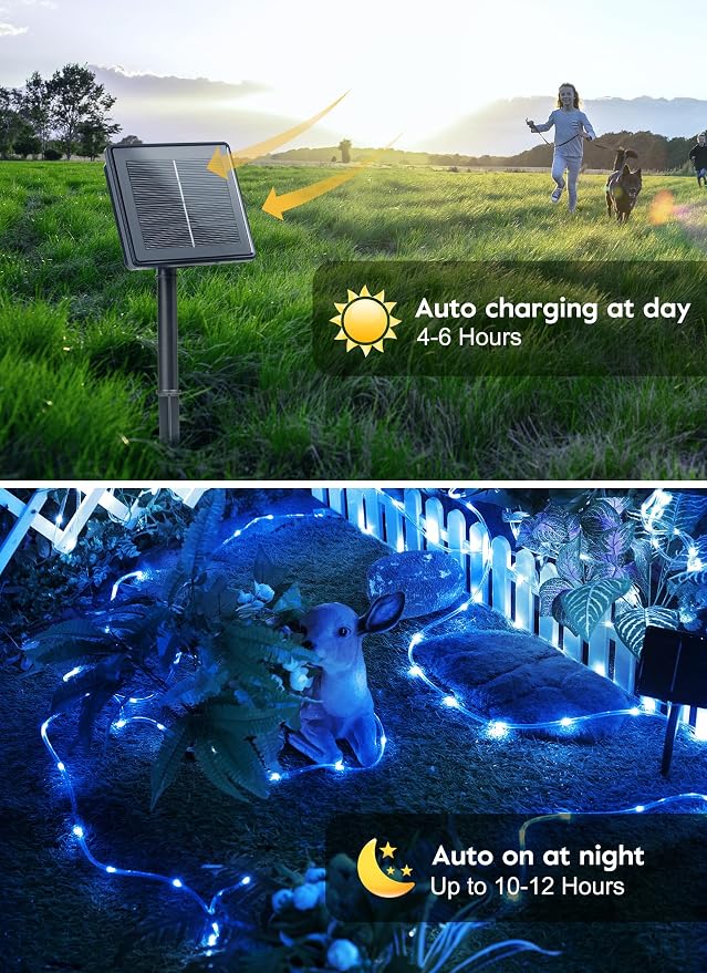 Brightown 39FT 100LED Solar Rope Lights Outdoor Waterproof, Blue | IP65 Solar Powered Fairy Lights with 8 Lighting Modes, Outdoor String Lights for Party Garden Yard Holiday Tree Decoration