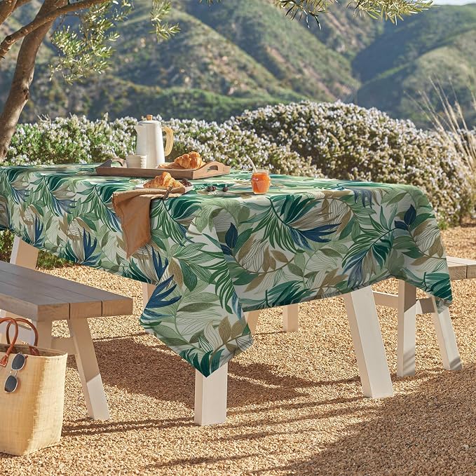 DYTXIII Outdoor Rectangle Tablecloth with Umbrella Hole and Zipper 84" x 60", Water Repellent Floral Picnic Cover, Fade & Wrinkle Resistant Tablecloth for Patio/Garden/Party Table, Lush Leaf Green