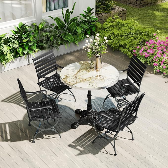 extrasleep 31.5" Bistro Table for Patio, Round Outdoor Dining Table with Cast Iron Style Pedestal Base, Tulip Table for 2-4 Person, Vintage Faux Marble Cafe Kitchen Table for Yard, Balcony, Garden