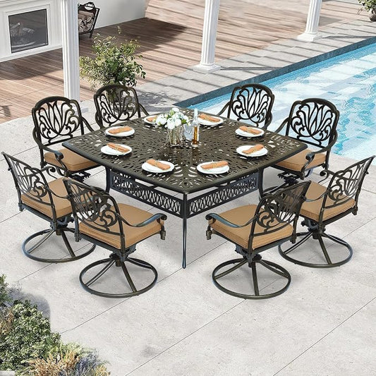9 Piece Outdoor Patio Dining Set for 8, Cast Aluminium Large Square Dining Table & 8 Swivel Rocker Chairs with Removable Cushions, Umbrella Hole, Patio Furniture Set for Garden, Khaki