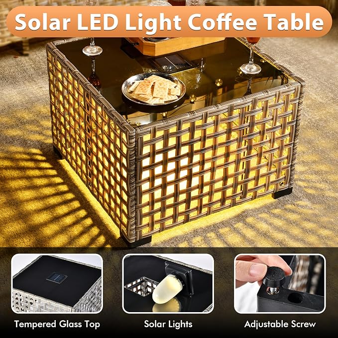 Outdoor Patio Furniture Sets, 4 PCS Patio Conversation Set Outside Rattan Sofa with Solar Light Coffee Table Comfy Cushions Fit Backyard Porch Garden Poolside Balcony,Light Grey