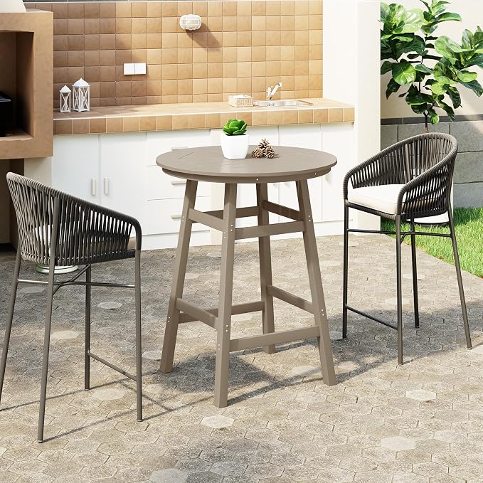 WestinTrends Malibu Outdoor 35" HDPE Round Patio Bar Height Table, Weathered Wood