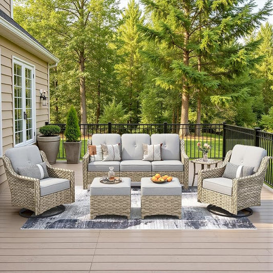 6 Piece Patio Furniture Set with Swivel Rocker Chairs, Outdoor Wicker High Back Sofa Glider Chair Ottoman with Cushion, All Weather Conversation Sets for Backyard Poolside Deck Grey