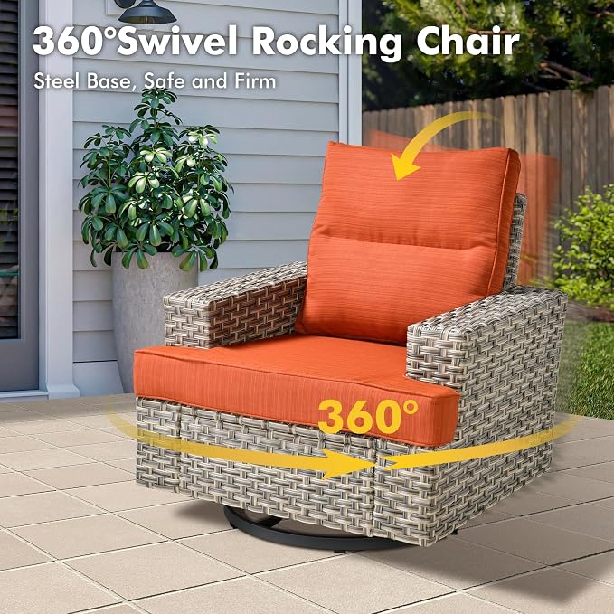 Weaxty 9 Pieces Wide Seats Outdoor Furniture Set, Sectional Couch Swivel Rocking Chair Ottoman Fire Pit Table, Thick Cushion All-Weather Rattan Patio Conversation Sets for Backyard Deck, Orange Red