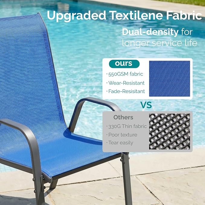 MAMIZO 7 Pieces Patio Dining Set for 6, Outdoor Table and Chairs w/Rectangle Glass Table and 6 Textilene Stackable Chairs, Patio Furniture Set w/1.69" Umbrella Hole (Grey Table & Navy Blue Chair)