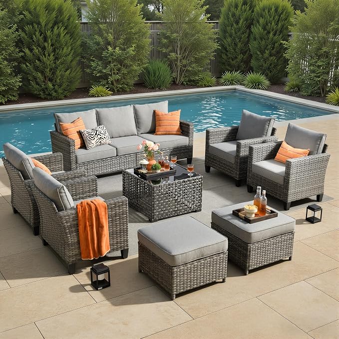 8 Piece Wicker Patio Furniture Set with Solar Table, Dark Gray | Outdoor Deep Seating Sofa Chair Ottoman, Solar Lights Table, All Weather Rattan, Modern Conversation Set, Porch Deck Backyard