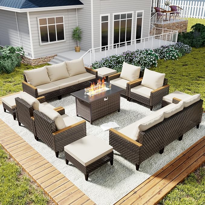 15 Piece Patio Sectional Sofa Set with 50000 BTU Fire Pit Table, All-Weather Wicker Rattan Outdoor Conversation Set, High Back, for Garden, Porch, Poolside, Beige