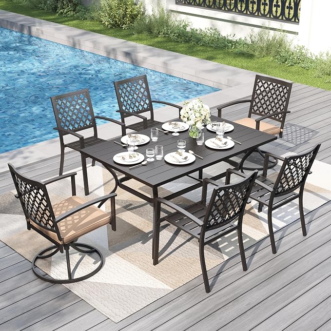 PHI VILLA 7 Pcs Outdoor Dining Set for 6&Fixed Swivel Chairs Combo | 60”Rectangular Black Metal Table with Umbrella Hole Patio Furniture Set for Patio, Deck, Backyard, Porch