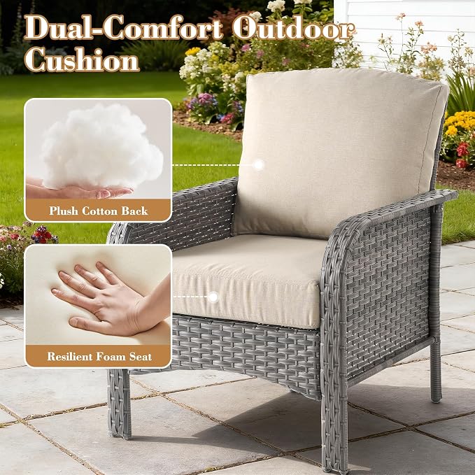 6 Pieces Patio Furniture Set, All-Weather Rattan Wicker Outdoor Furniture Loveseat Chairs with Coffee Table, High Back Conversation Set for Porch, Backyard, Balcony,Beige